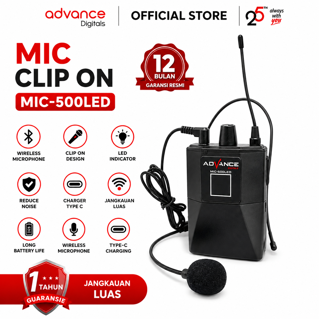 Advance Digitals MIC-500 LED  Mic Wireless Mikrofon Clip On Garansi Resmi 1 Tahun Microphone