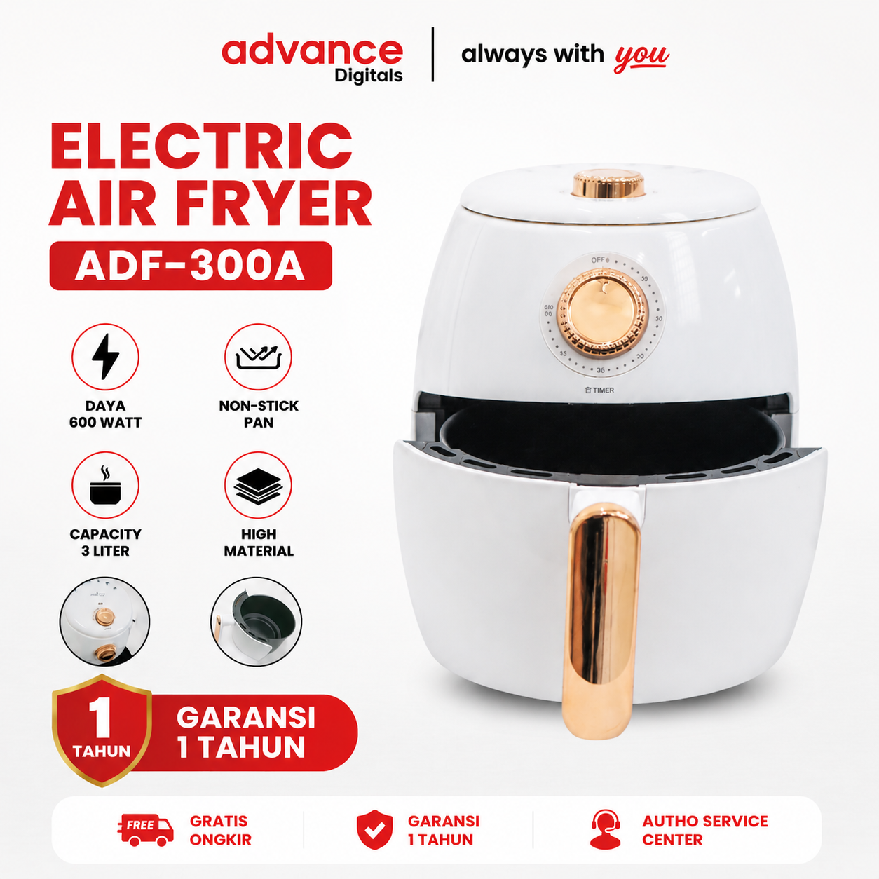 Advance ADF-300A Air Fryer 3L 600W Hemat Listrik Penggoreng Tanpa Minyak Low Watt Anti Lengket Garansi Resmi 1 Tahun