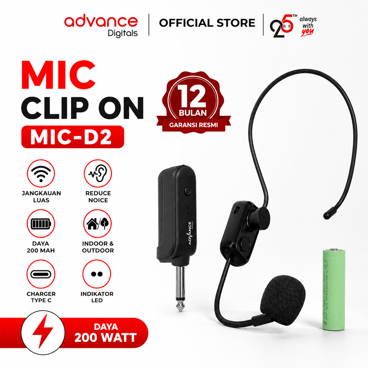Advance Digitals MIC-D2  LED  Mic Wireless Mikrofon Clip On Garansi Resmi 1 Tahun Microphone