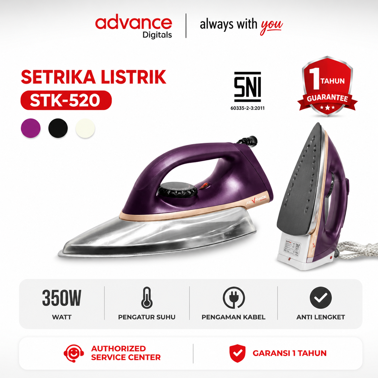 Advance Digitals STK-520 Setrika Listrik (Dry Iron) Anti Lengket 350 Watt Hemat Listrik Garansi Resmi