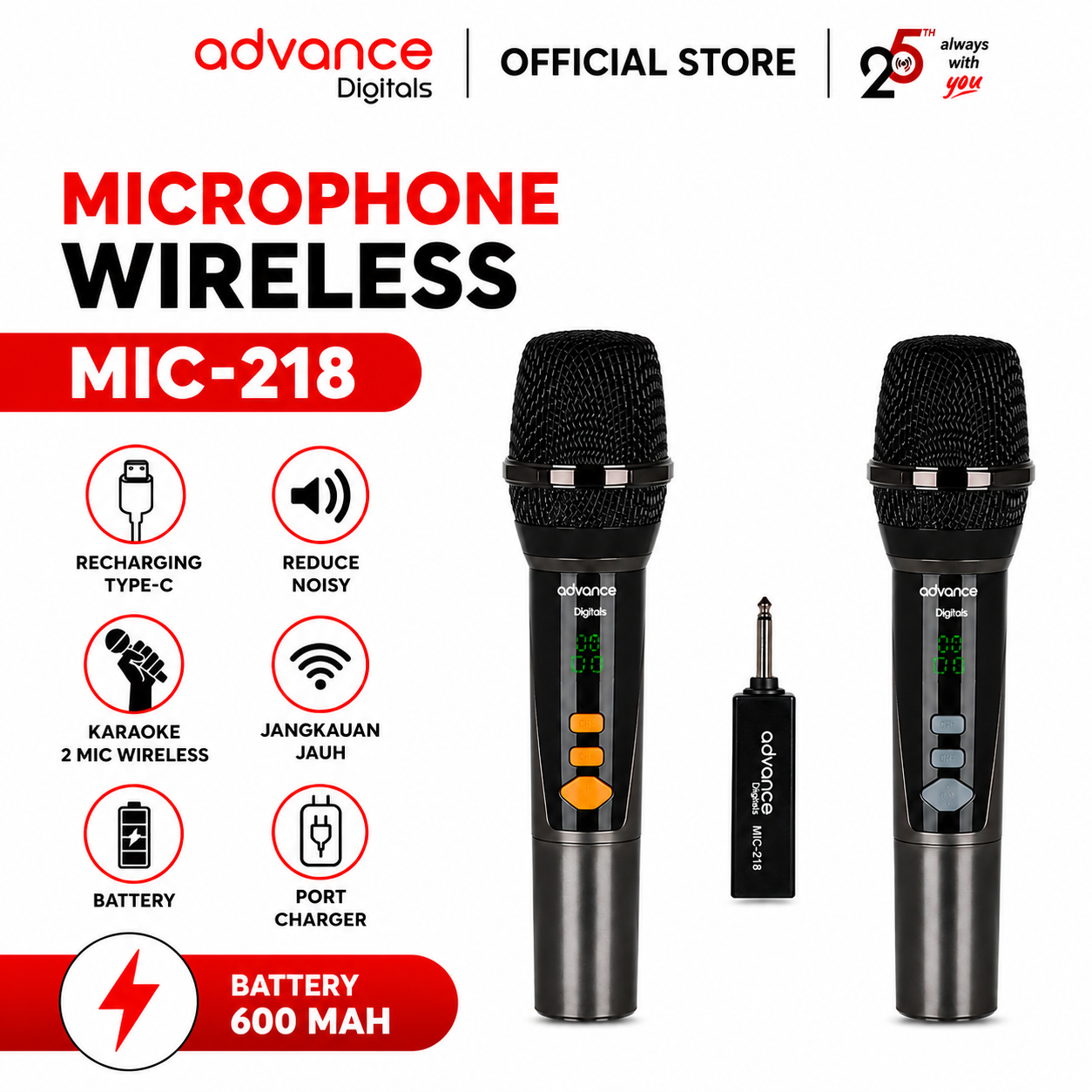 Advance Digitals Mic-218 Mikrofon Tanpa Kabel isi 2 Mic Wireless Mic Volume Baterai 600 mAh Garansi Resmi 12 Bulan