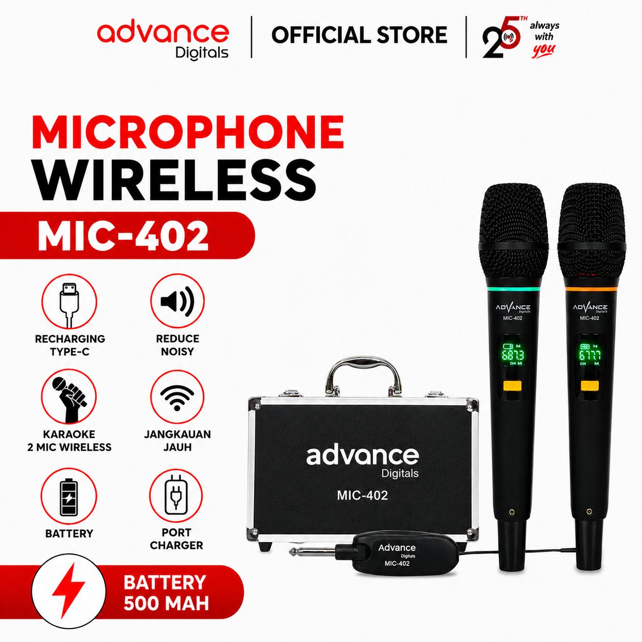 Advance Digitals MIC-402 Mic Double UHF Box Mic Alumunium Recharger Garansi Resmi 1 Tahun