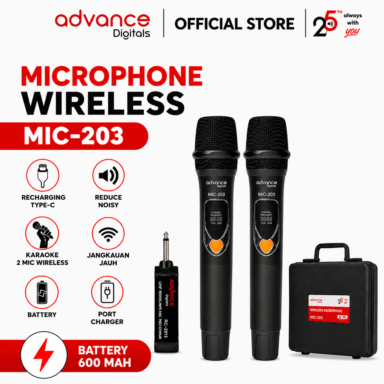 Advance Digitals Mic-203 Mikrofon Tanpa Kabel Isi 2 Mic Wireless Mic Volume Baterai 600mAh Garansi 12 Bulan