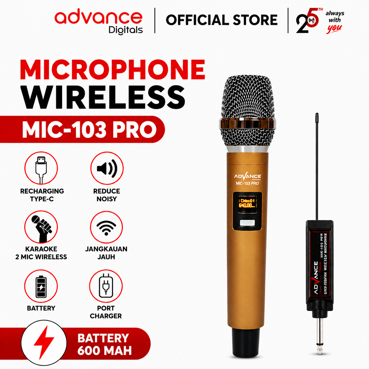 Advance Digitals Mic-103 Pro Microphone Wireless Single Recharger Led Mikrofon Garansi 12 bulan 
