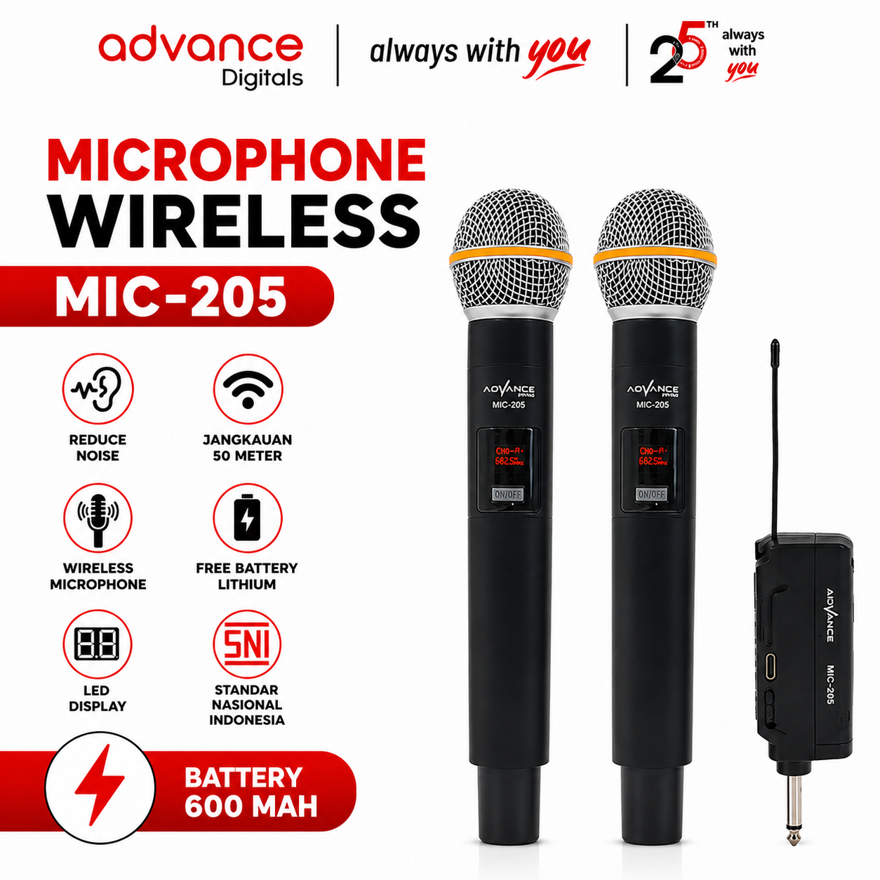 Advance Digitals MIC-205 Double Mic Wireless Recharger Bisa digunakan untuk Souncard/Speaker Garansi Resmi 1 Tahun Gold Microphone