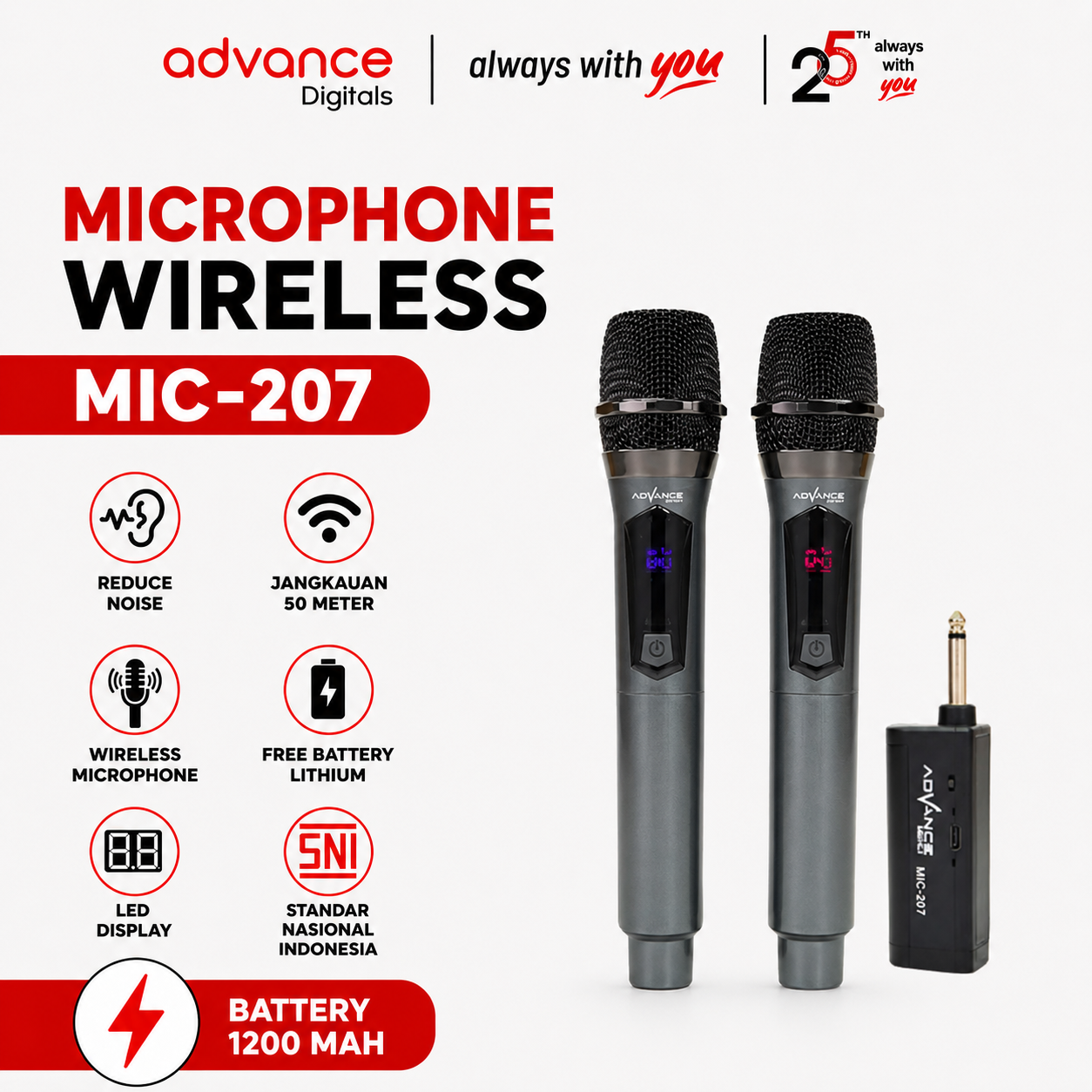 Advance Digitals MIC-207 Double Mic Wireless Recharger Bisa digunakan untuk Souncard/Speaker Garansi Resmi 1 Tahun Gold Microphone
