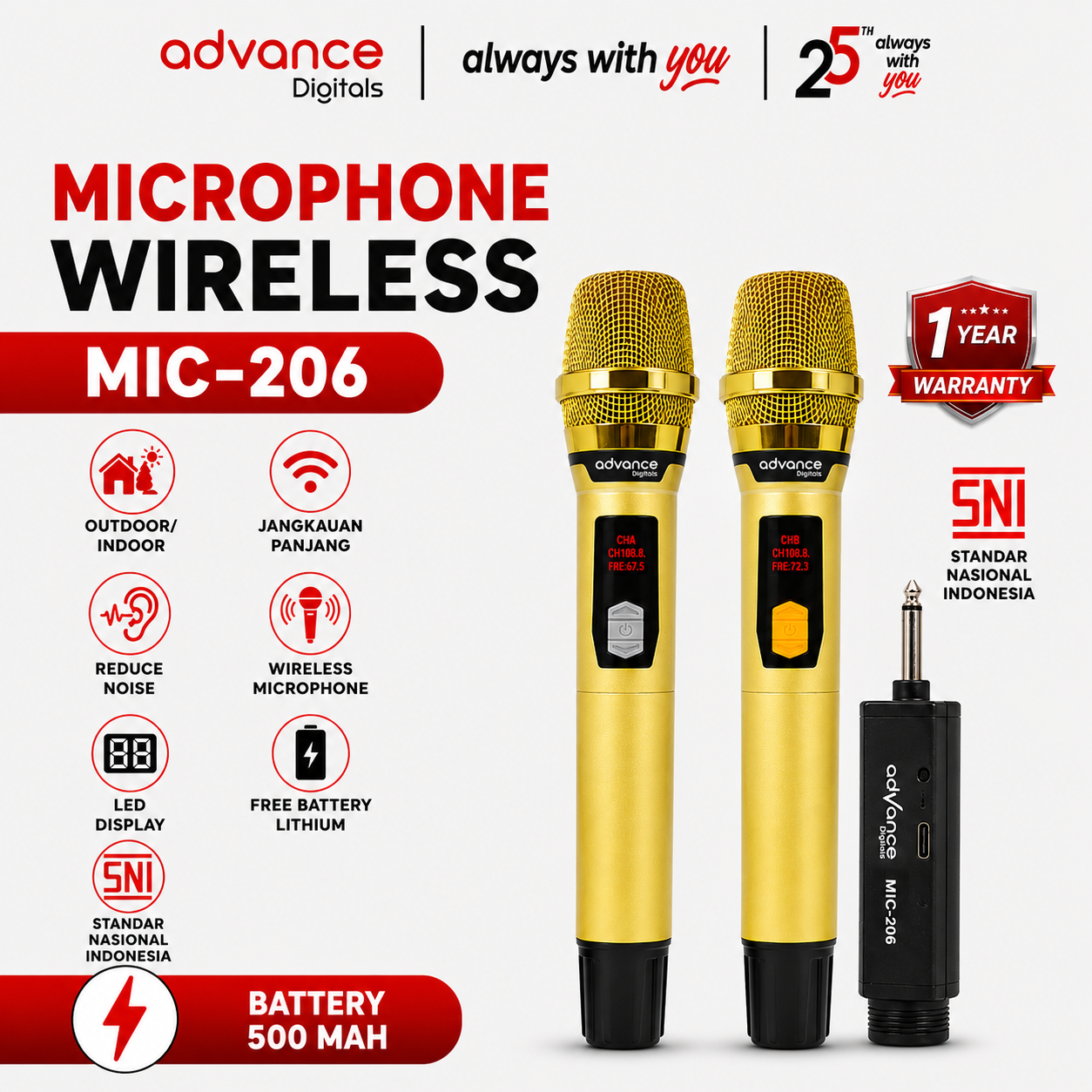 Advance Digitals MIC-206 Double Microphone Wireless UHF Recharger Bisa untuk Souncard/Speaker Garansi 1 Tahun