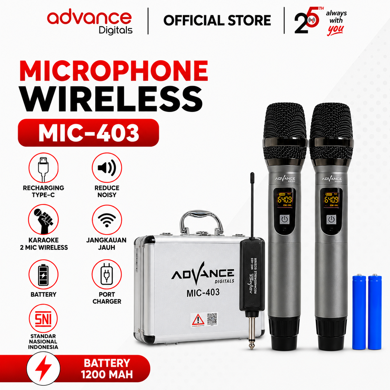 Advance Digitals MIC-403 Mic Double UHF Box Mic Alumunium Recharger Garansi Resmi 1 Tahun