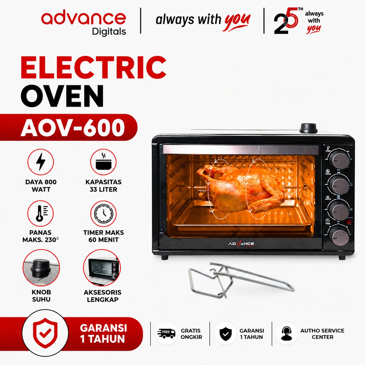 Advance Digitals AOV-600 Oven Listrik 33 Liter Big Oven Listrik 800 W Ayam Bakar 360° rotasi Panggang secara merata Pemanas Atas Bawah Garansi 1 Tahun