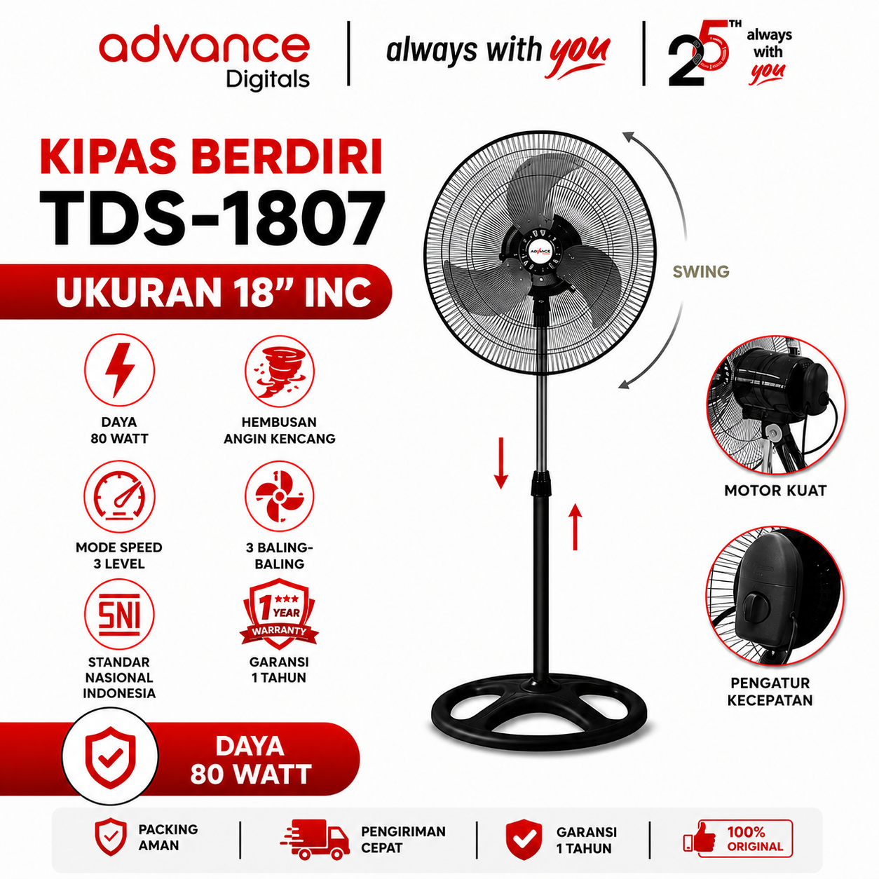 Advance Digitals TDS-1807 Kipas Angin 18" Stand Fan Kipas Angin Berdiri Bahan dari Besi Garansi Resmi 1 Tahun