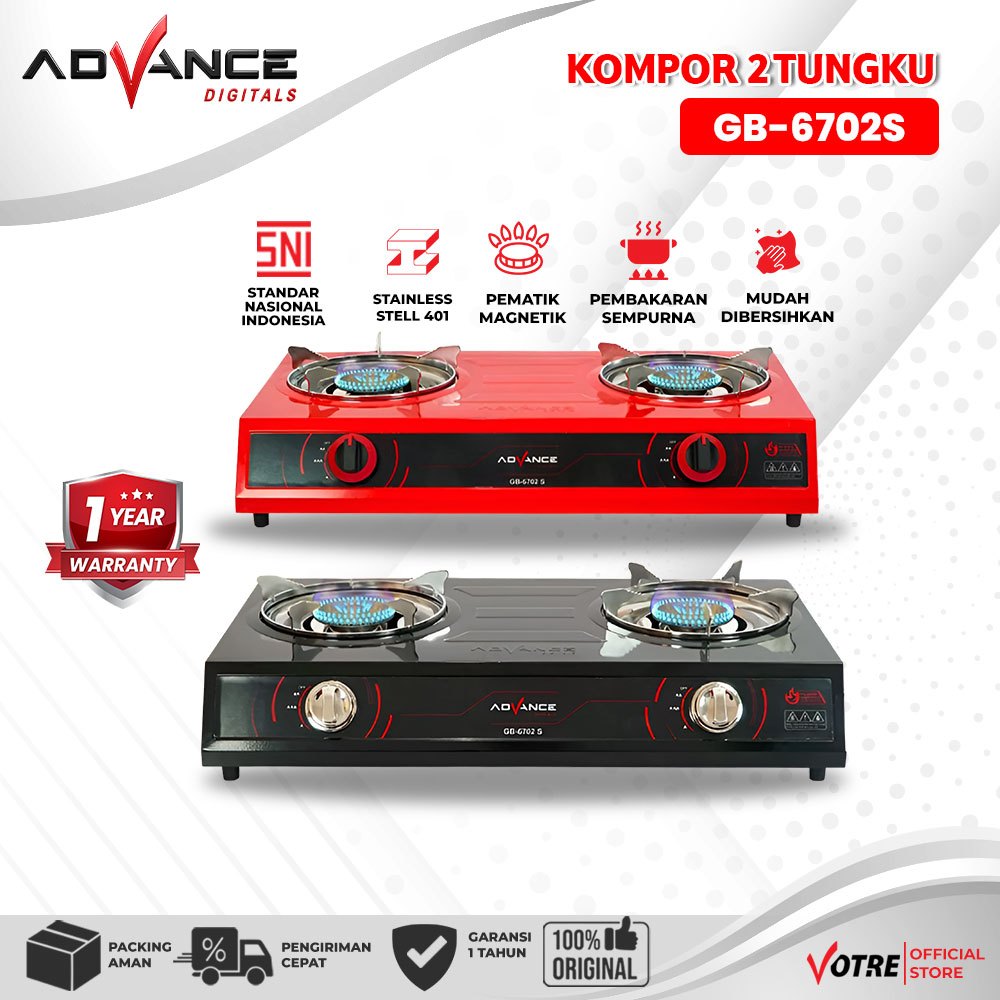 Advance GB-6702S Kompor Gas 2 Tungku Api Biru Bahan Tebal irit Gas Garansi Resmi 1 Tahun