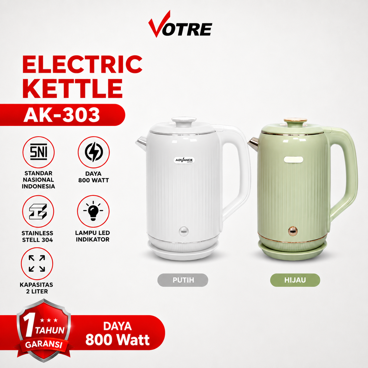 Advance Digitals - AK-303 Electric Kettle Kapasitas 2L Teko Listrik 800 Watt Garansi Resmi 1 Tahun