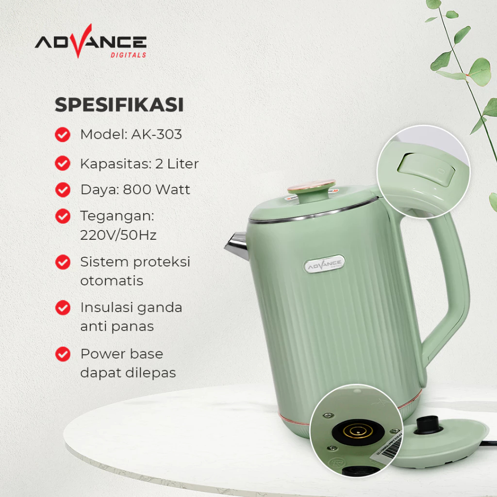 Advance Digitals - AK-303 Electric Kettle Kapasitas 2L Teko Listrik 800 Watt Garansi Resmi 1 Tahun