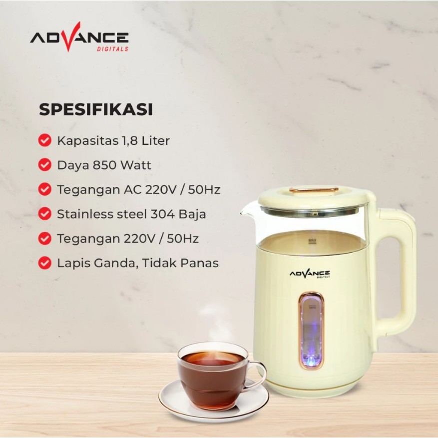 Advance Digitals AK-301 Electric Kettle 1.8L Teko Listrik Kaca Transparan Garansi Resmi 1 Tahun