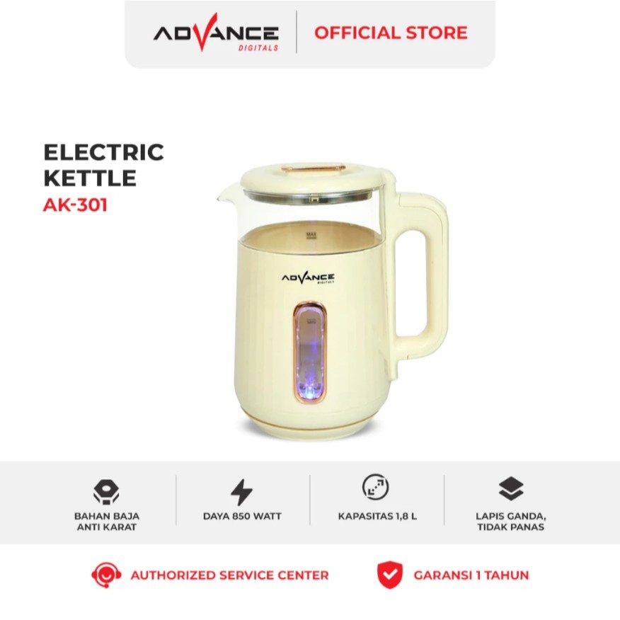 Advance Digitals AK-301 Electric Kettle 1.8L Teko Listrik Kaca Transparan Garansi Resmi 1 Tahun