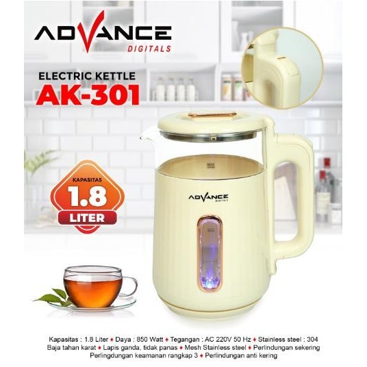 Advance Digitals AK-301 Electric Kettle 1.8L Teko Listrik Kaca Transparan Garansi Resmi 1 Tahun