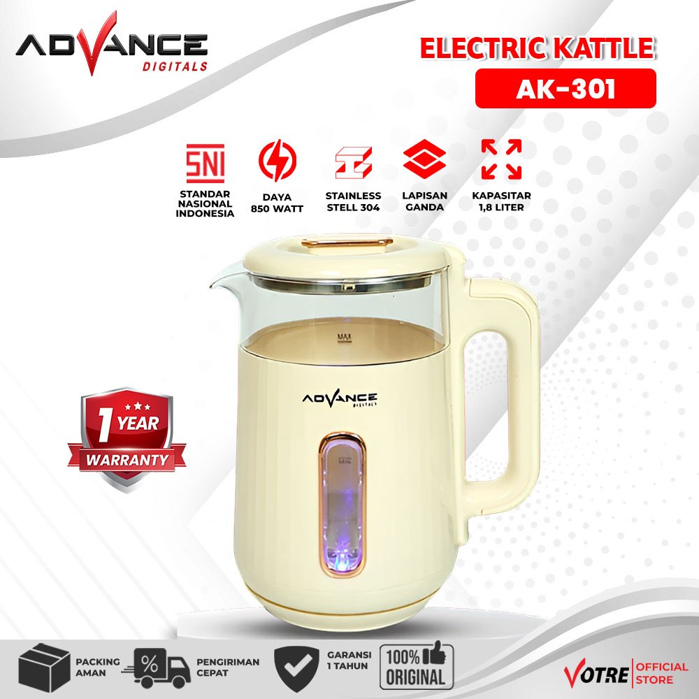 Advance Digitals AK-301 Electric Kettle 1.8L Teko Listrik Kaca Transparan Garansi Resmi 1 Tahun