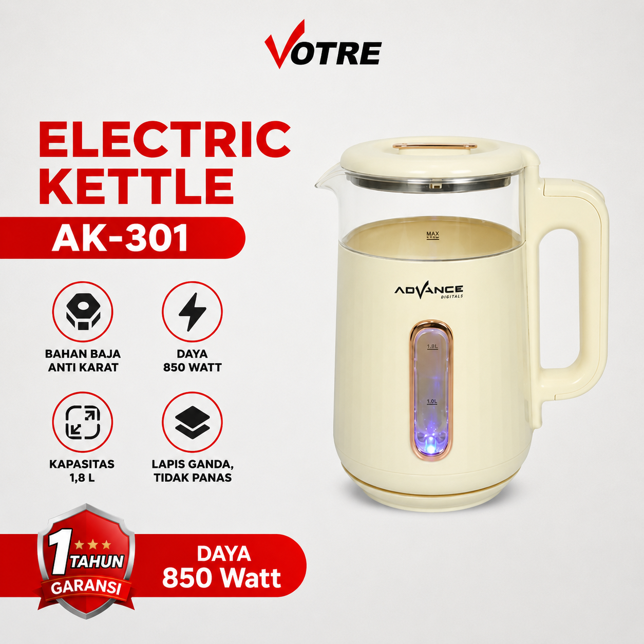 Advance Digitals AK-301 Electric Kettle 1.8L Teko Listrik Kaca Transparan Garansi Resmi 1 Tahun