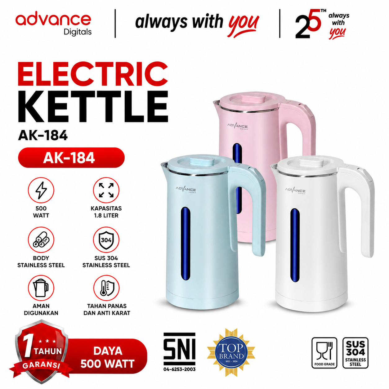 Advance AK-184 Teko Listrik 1.8 Liter Electric Kettle 500W Stainless Steel Pemanas Air Otomatis Garansi Resmi 1 Tahun