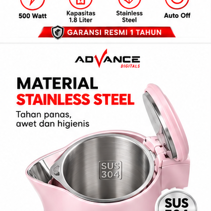 Advance AK-184 Teko Listrik 1.8 Liter Electric Kettle 500W Stainless Steel Pemanas Air Otomatis Garansi Resmi 1 Tahun