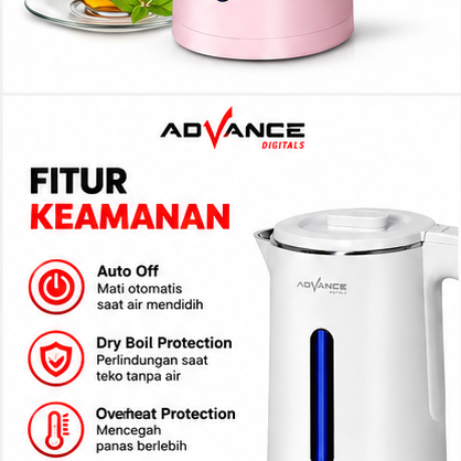 Advance AK-184 Teko Listrik 1.8 Liter Electric Kettle 500W Stainless Steel Pemanas Air Otomatis Garansi Resmi 1 Tahun