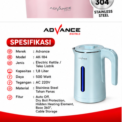 Advance AK-184 Teko Listrik 1.8 Liter Electric Kettle 500W Stainless Steel Pemanas Air Otomatis Garansi Resmi 1 Tahun