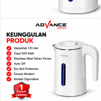 Advance AK-184 Teko Listrik 1.8 Liter Electric Kettle 500W Stainless Steel Pemanas Air Otomatis Garansi Resmi 1 Tahun