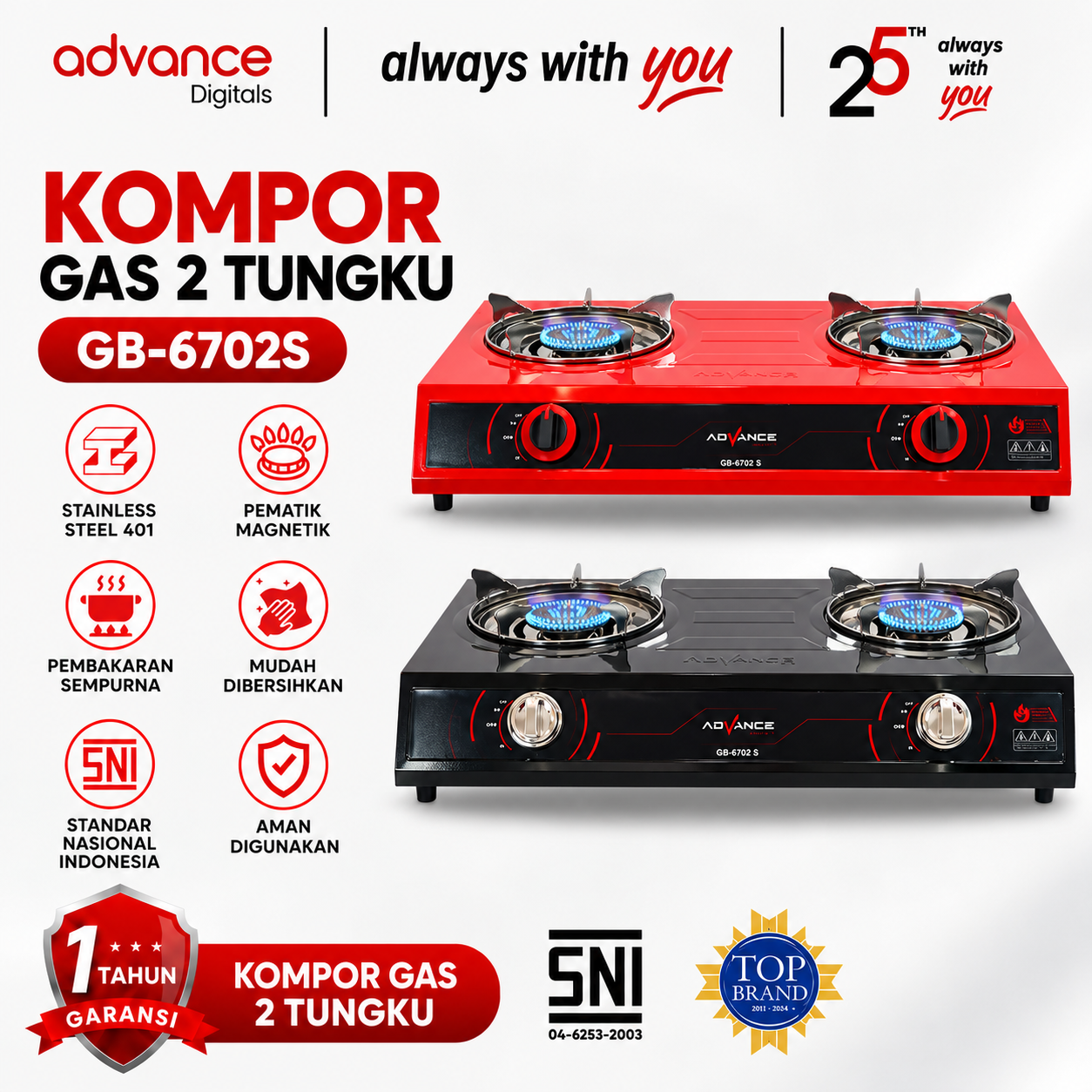 Advance GB-6702S Kompor Gas 2 Tungku Api Biru Bahan Tebal irit Gas Garansi Resmi 1 Tahun